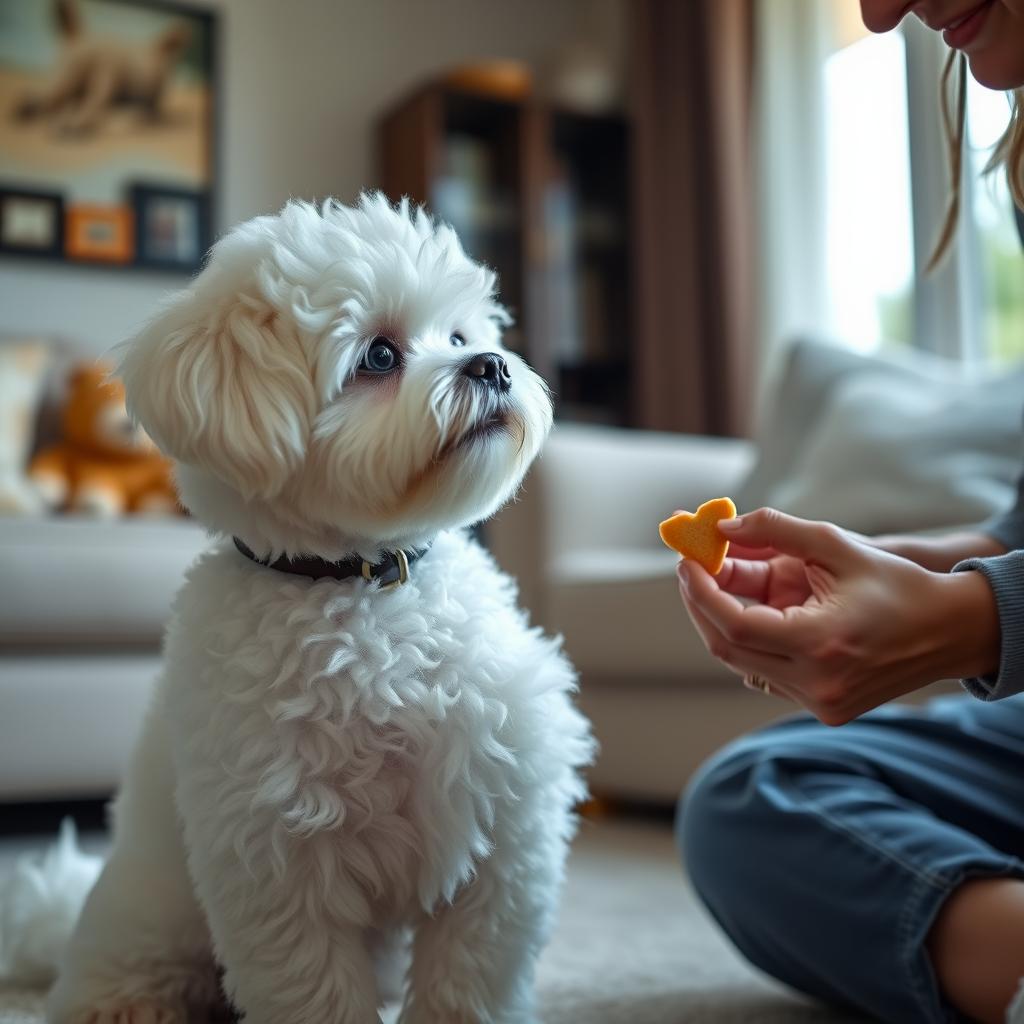 A person training a Bichon Frise dog indoors with a treat.