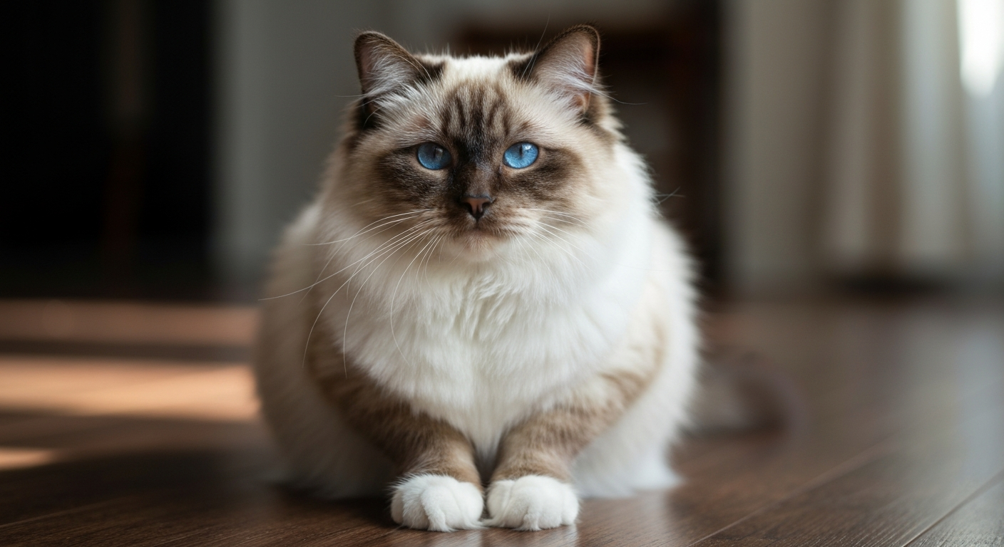 A beautiful seal-point Birman cat with deep blue eyes and white paws, sitting gracefully in a sunbeam on a polished floor.