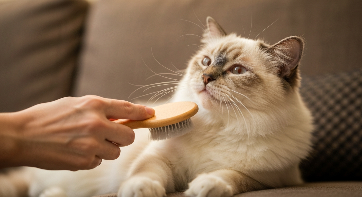 A person's hand gently brushing the silky, light-colored fur of a relaxed Birman cat.