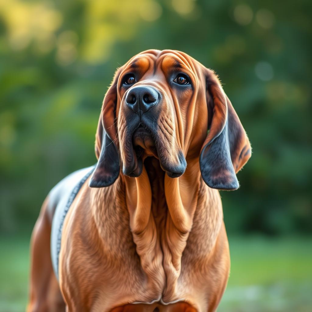 An adult Bloodhound dog with prominent wrinkles and droopy ears stands outdoors, looking alert and dignified.