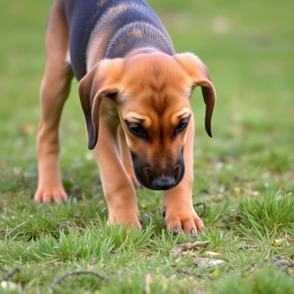 A Bloodhound puppy with its nose to the ground, focused on a scent trail in a grassy field.