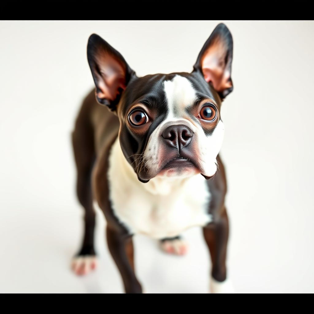 A well-groomed Boston Terrier with its distinctive tuxedo markings, looking attentively forward.