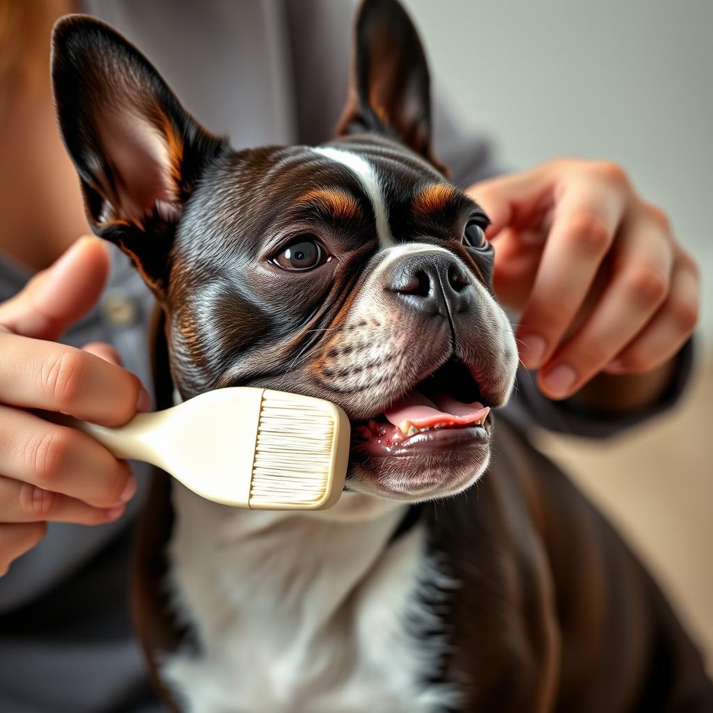 A person brushing the coat of a Boston Terrier with a soft brush.