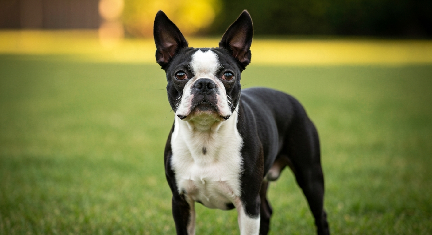 A healthy, alert adult Boston Terrier standing on a vibrant green grass field during sunset.