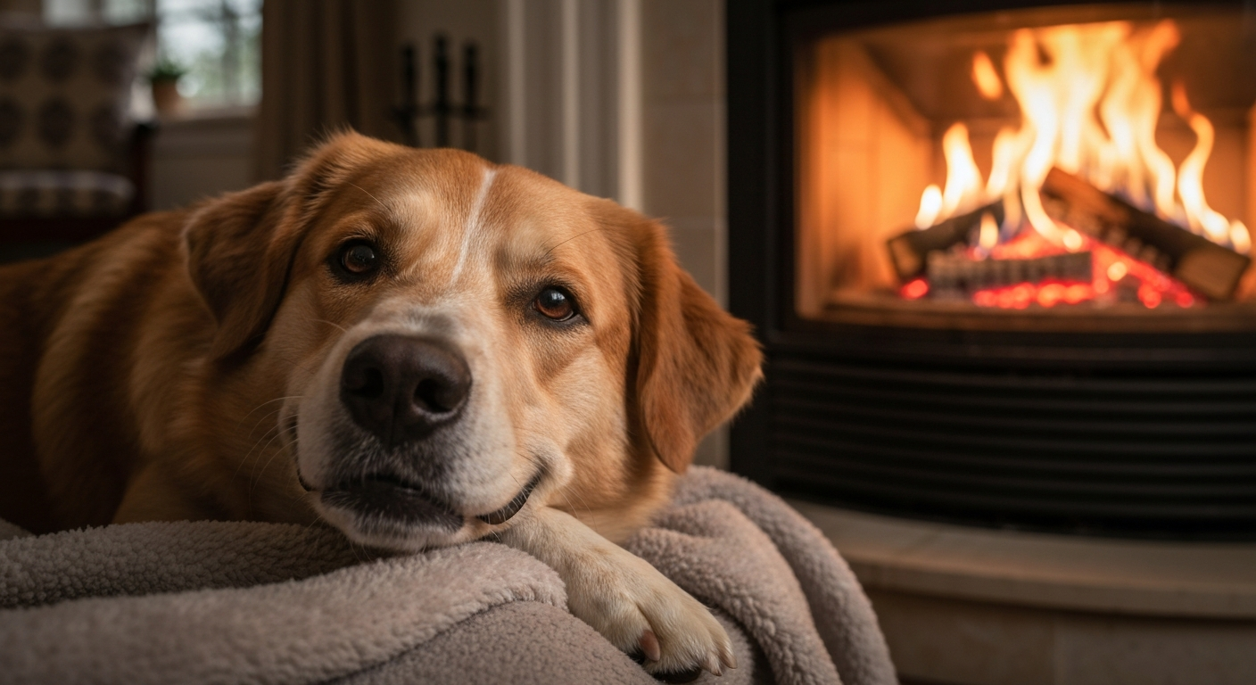 An older, gray-muzzled Boston Terrier sleeping peacefully in a plush dog bed.