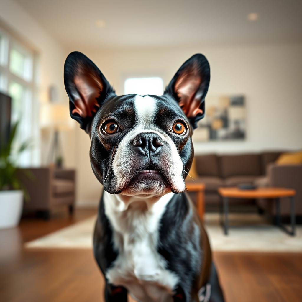 A Boston Terrier dog with a black and white tuxedo coat stands proudly indoors.