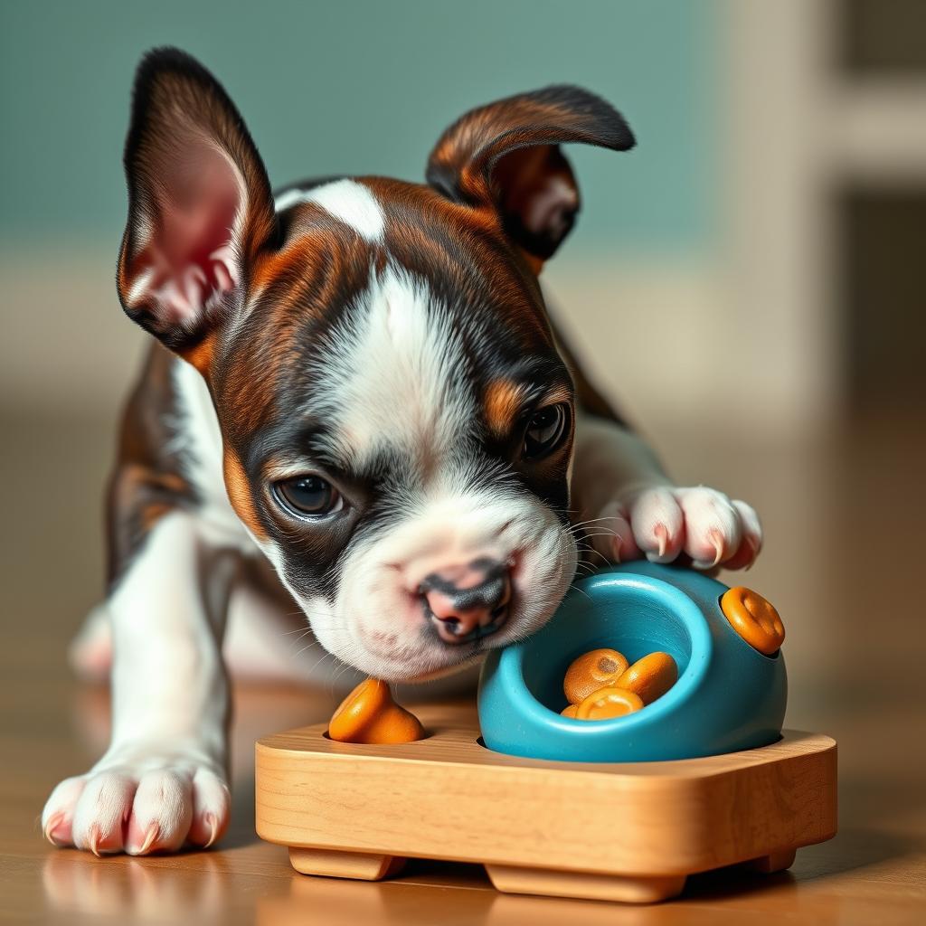 A Boston Terrier puppy interacting with a dog puzzle toy.