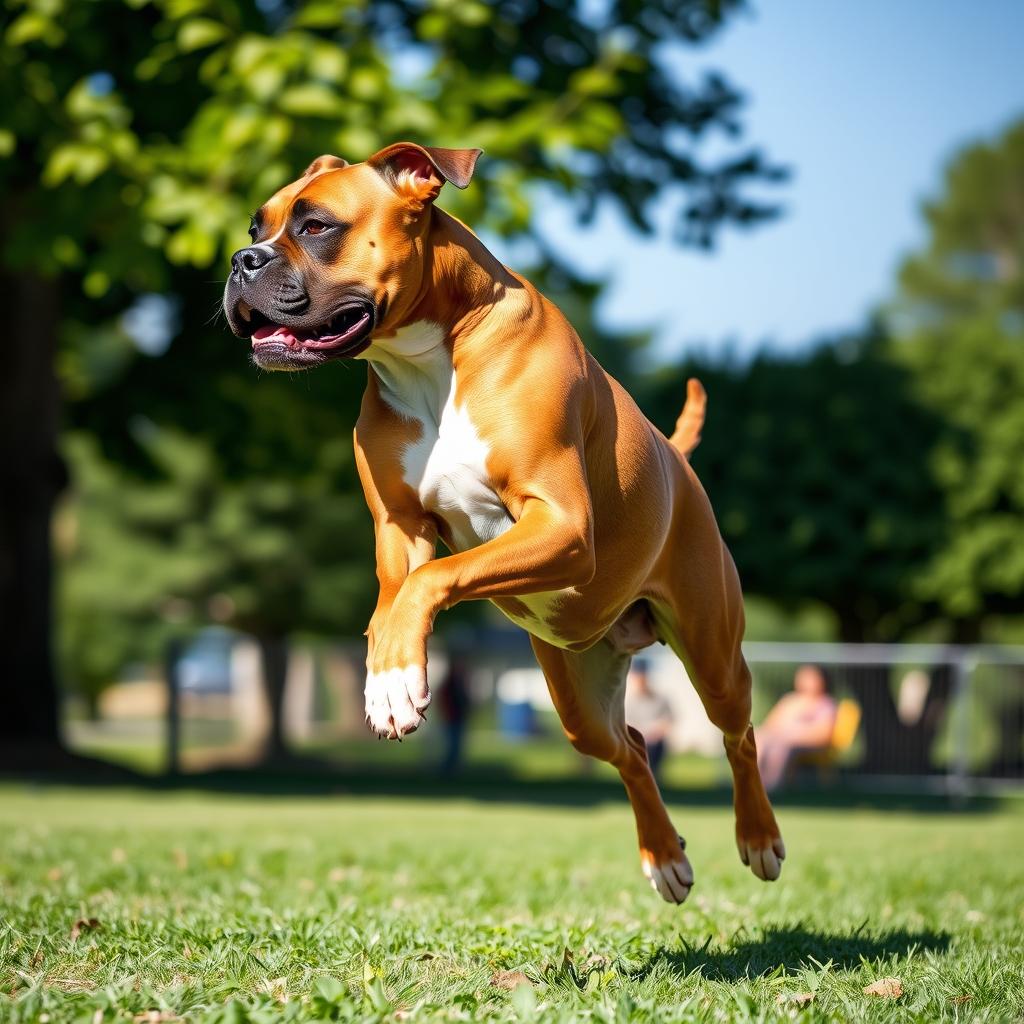 A fawn-colored Boxer dog with white markings leaping enthusiastically in a grassy park.