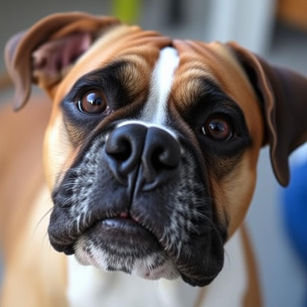 A Boxer dog with a wrinkled brow and soft brown eyes looking directly at the camera with an attentive expression.