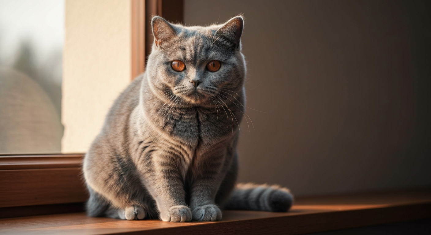 A blue British Shorthair cat with dense grey fur and large amber eyes sitting calmly on a wooden windowsill during a bright afternoon.