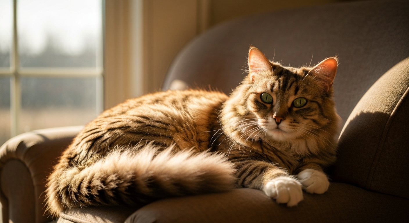 A British Shorthair cat sits beside a bowl of premium cat food, with a measuring scoop on a modern counter.