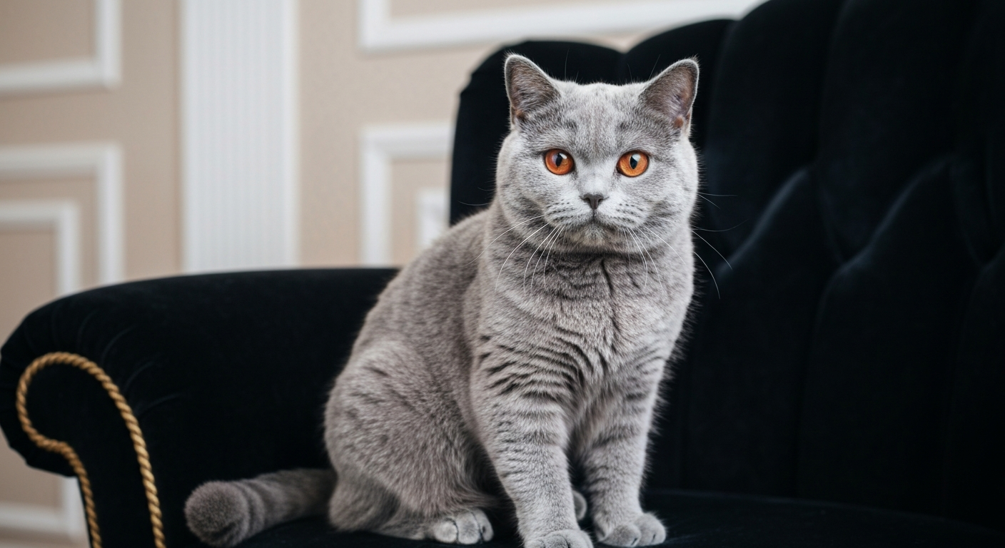 A beautiful blue-gray British Shorthair cat with bright orange eyes sitting calmly on a luxurious armchair.