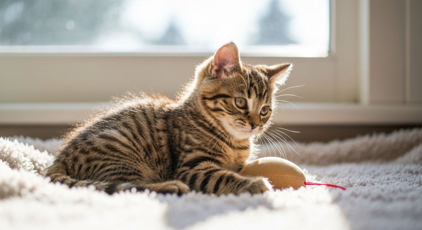 A young silver tabby British Shorthair kitten playing with a toy on a soft rug in a sunny room.