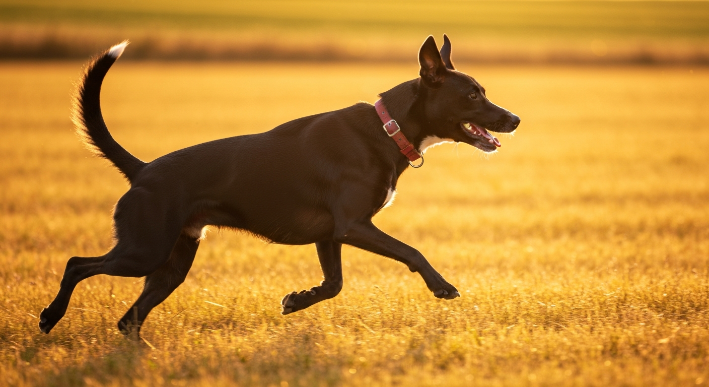 An orange and white Brittany dog with a docked tail running happily through a field of tall, golden grass at sunset.