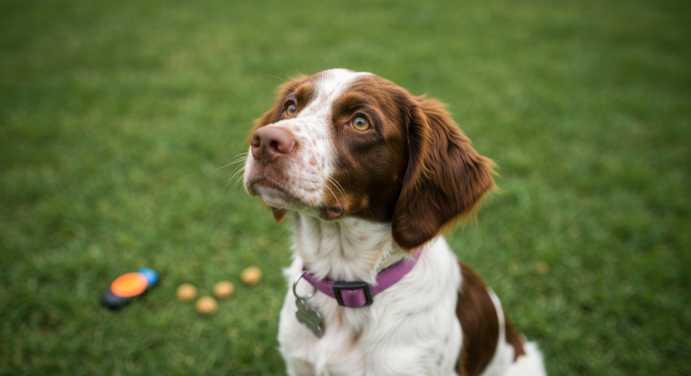 A liver and white Brittany puppy sits attentively on a green lawn, looking upwards as if waiting for a command during a training session.
