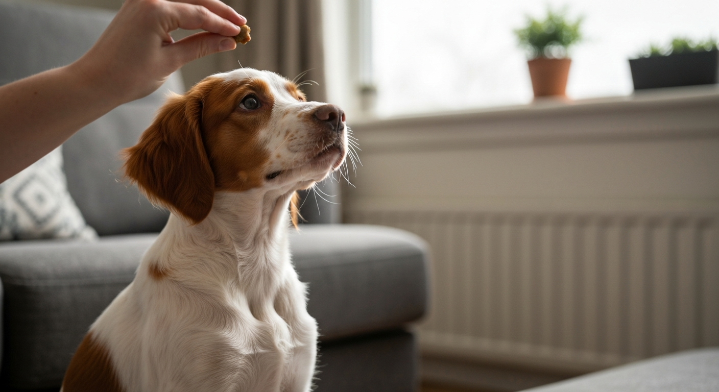 A young orange and white Brittany puppy sits patiently on a wooden floor, looking up at a person's hand holding a treat.