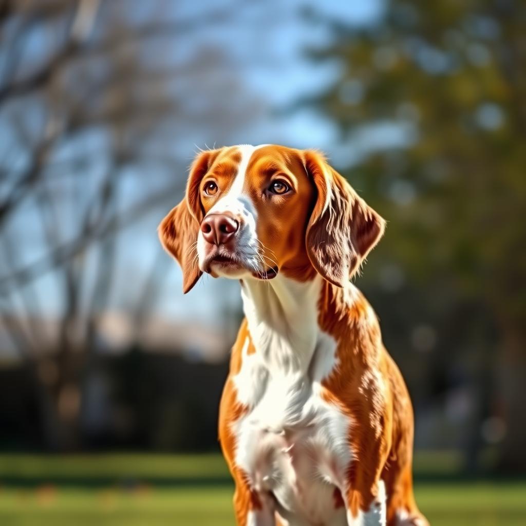 An alert Brittany Spaniel with a distinctive white and orange coat stands in a grassy field, its tail wagging slightly.