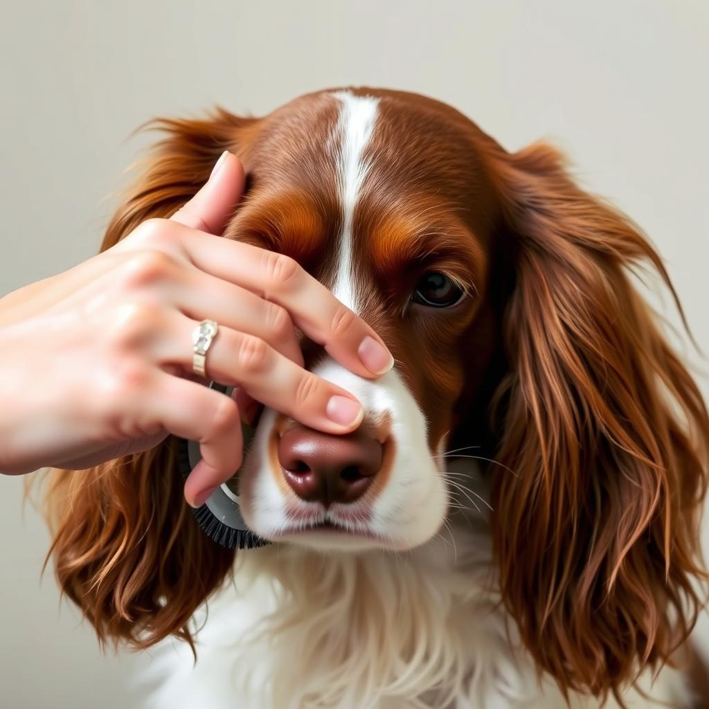 Hands using a slicker brush to groom the feathered coat of a Brittany Spaniel.