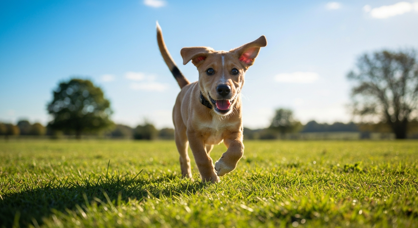A muscular brindle and white Bull Terrier puppy chewing a heavy-duty rubber toy on a dog bed.