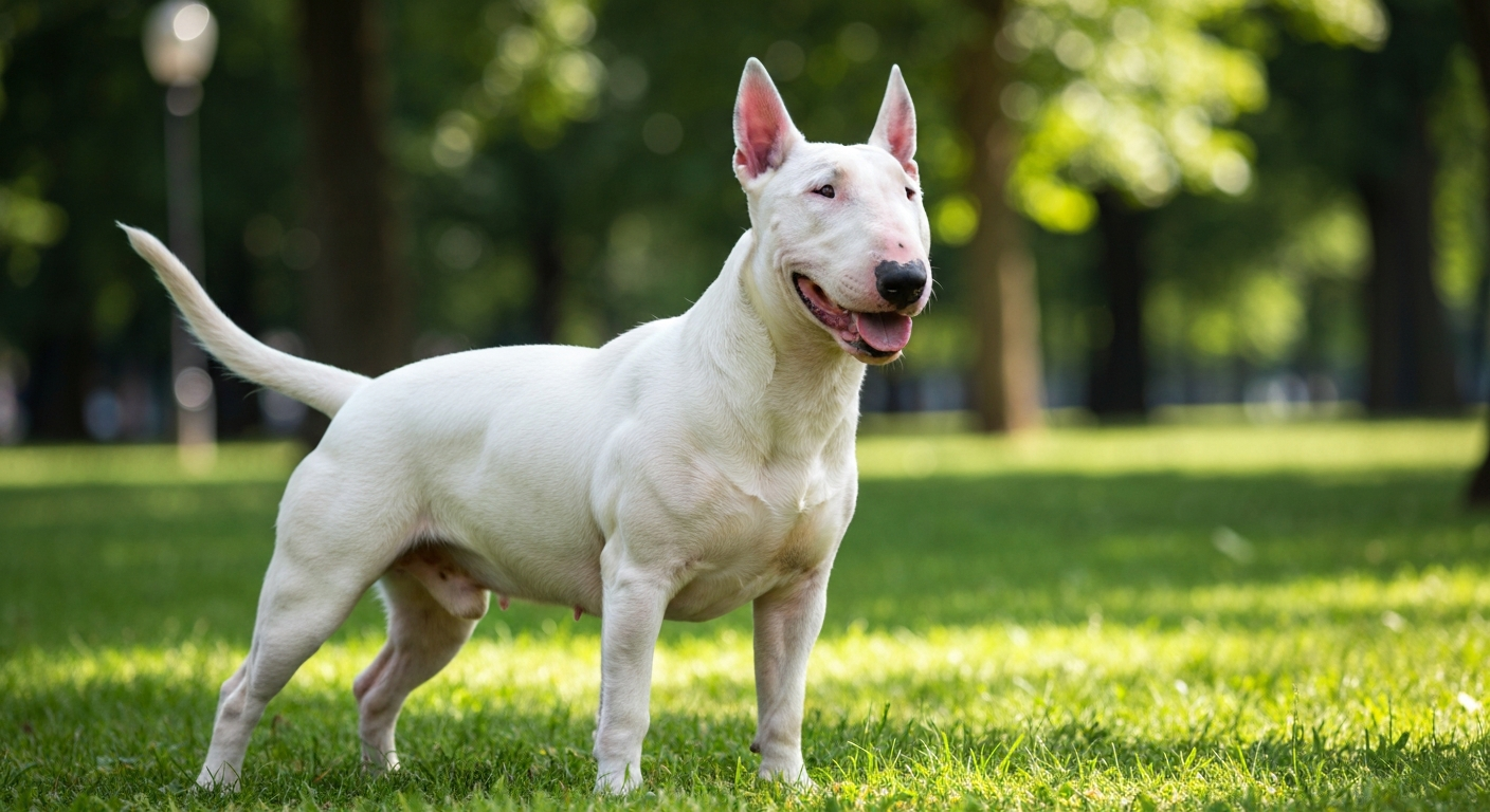 A strong, all-white Standard Bull Terrier standing alert on a lush green lawn, its muscular body and unique head shape clearly visible in the sunlight.