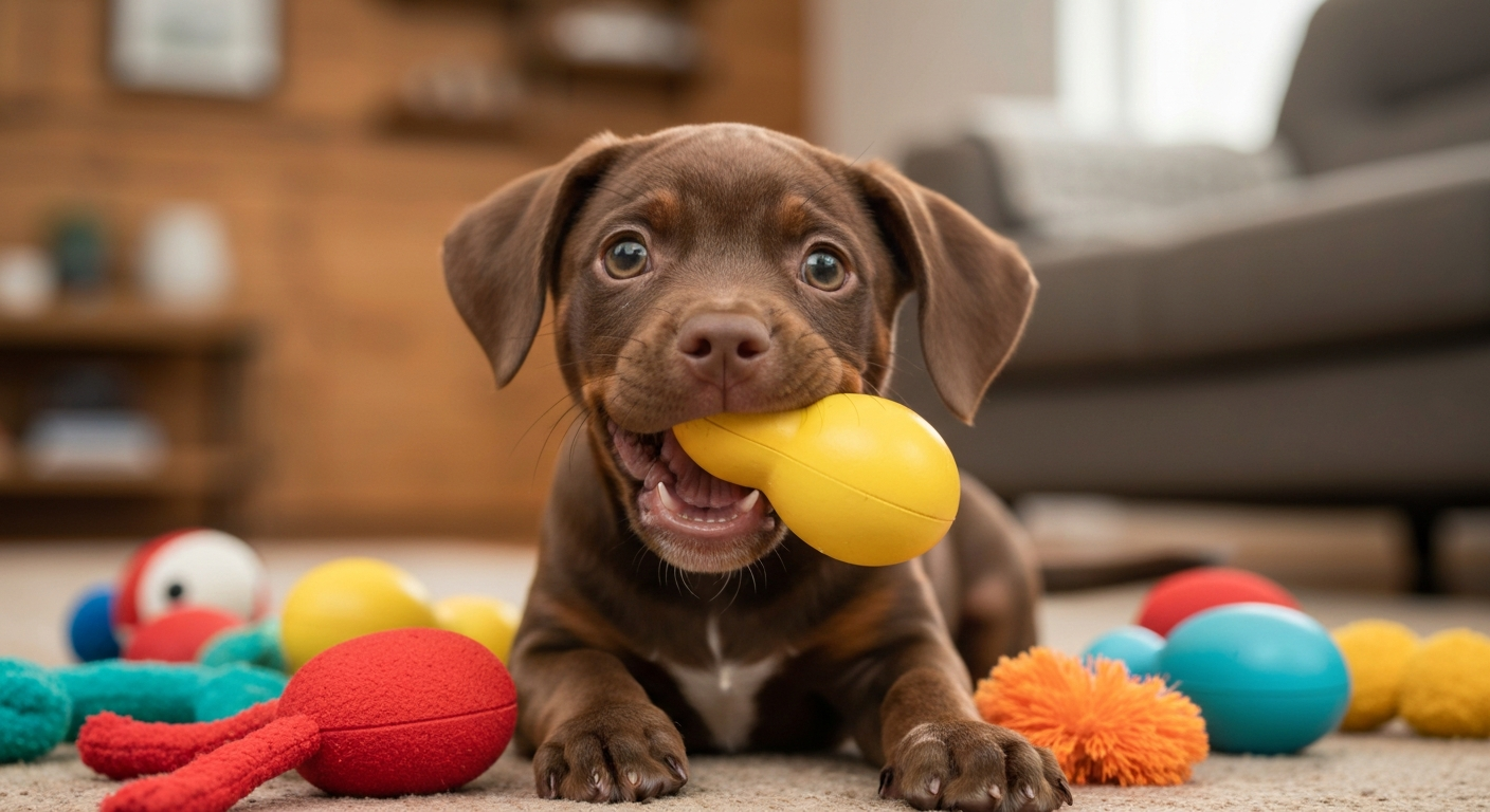 A white Bull Terrier puppy with a black ear patch lies on a wooden floor, intently chewing on a bright red rubber dog toy.