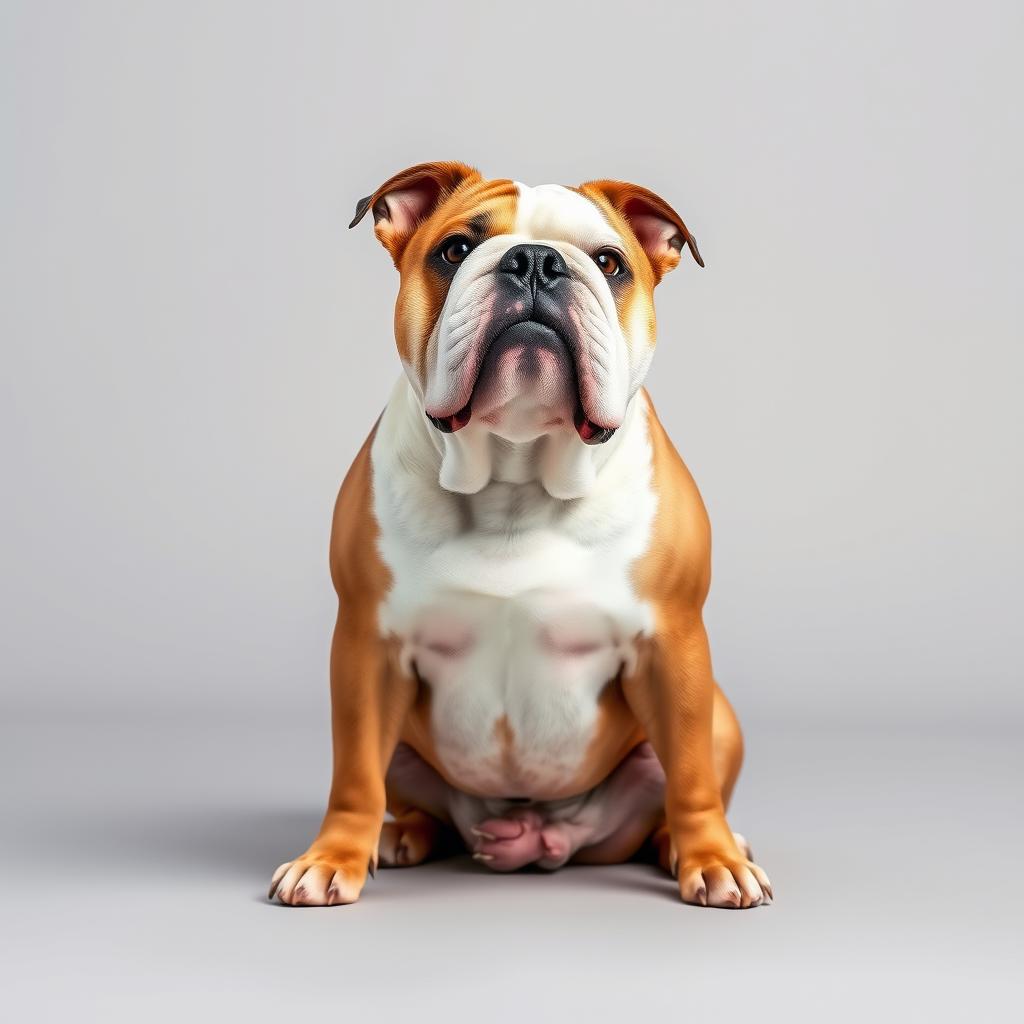A healthy English Bulldog sitting calmly, looking directly at the camera with its characteristic wrinkled face and stout build.