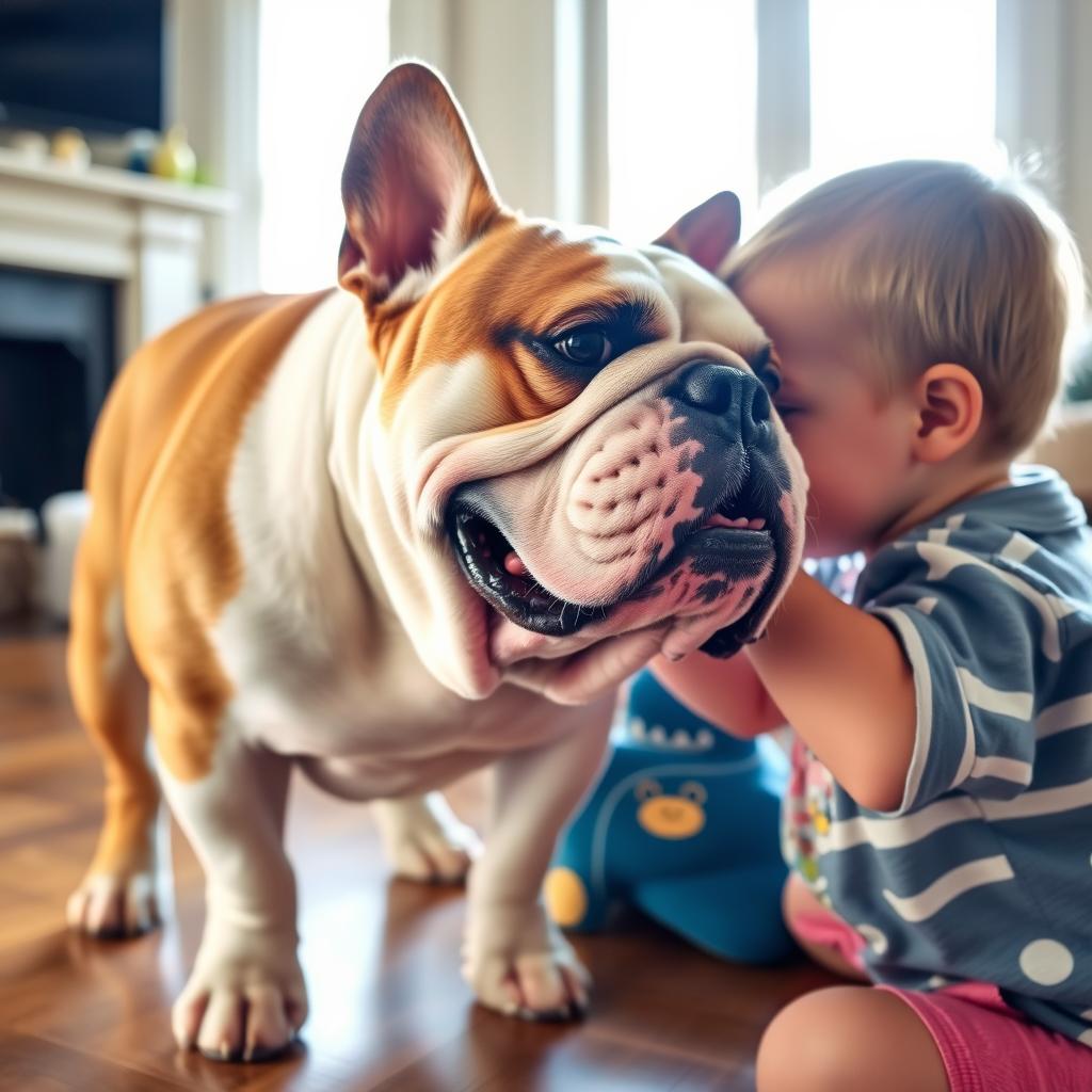 An English Bulldog lying down patiently while a young child gently pets its head.