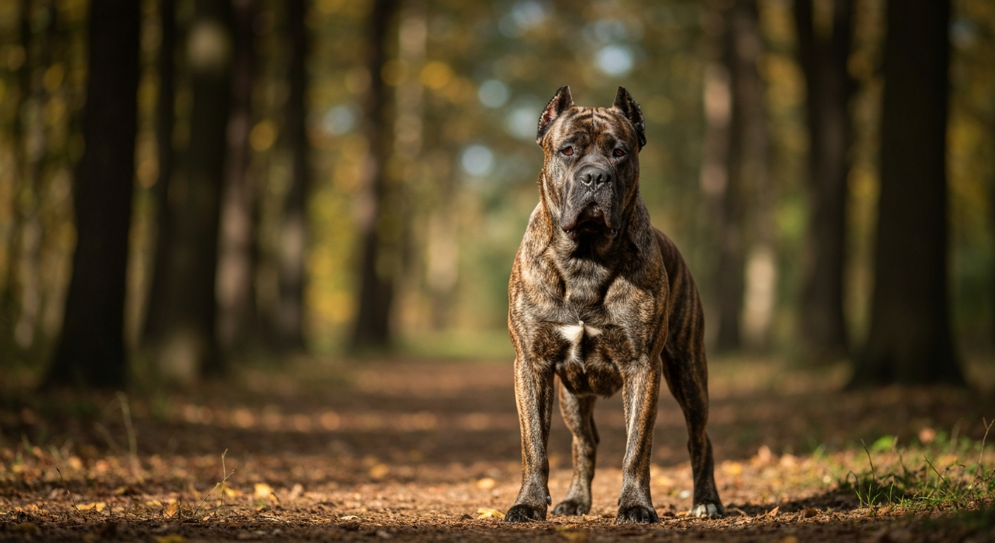 A powerful brindle Cane Corso dog standing attentively in a forest during autumn, with golden light filtering through the trees.