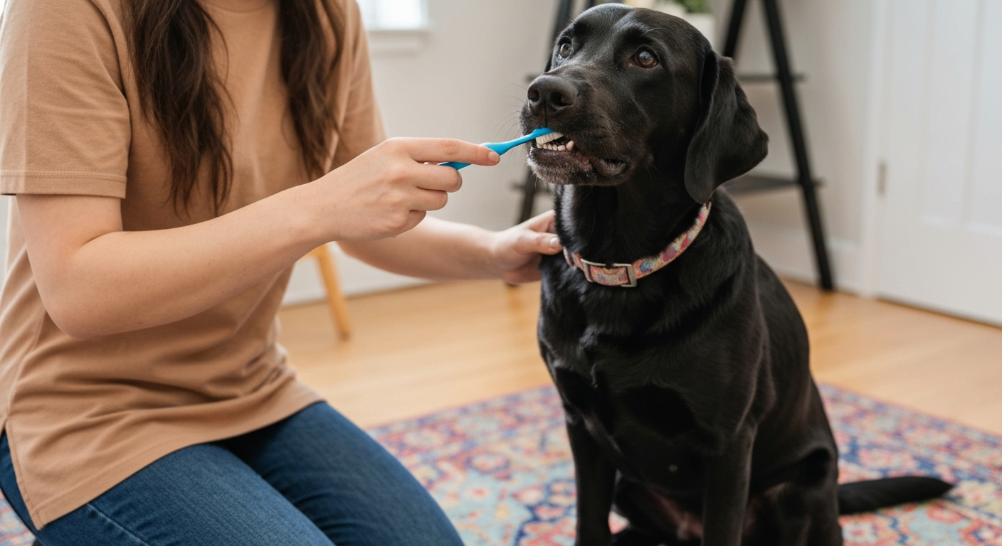A close-up view of a person's hands carefully examining the teeth and gums of a young, black Cane Corso puppy.