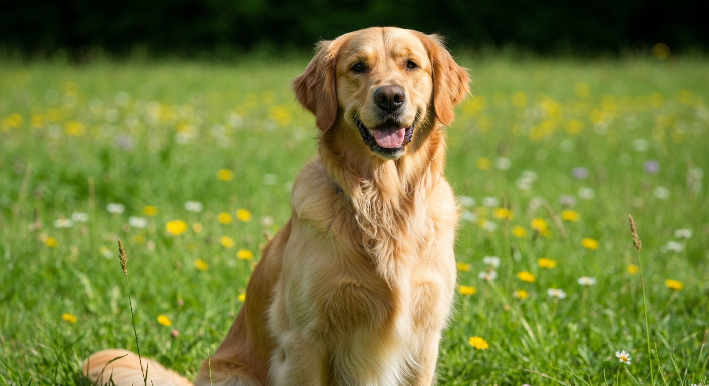 A majestic Golden Retriever sitting proudly in a sun-drenched meadow of green grass and wildflowers.