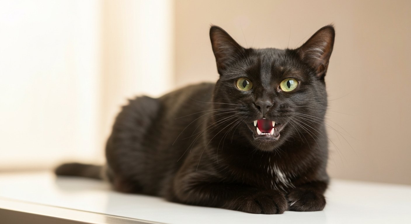 A domestic cat showing clean teeth on a vet table