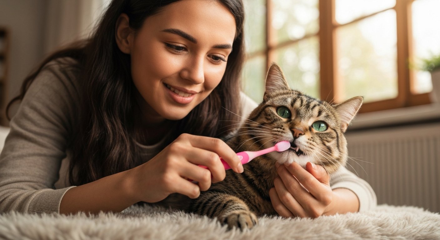 A pet owner brushing a tabby cat teeth with a small toothbrush