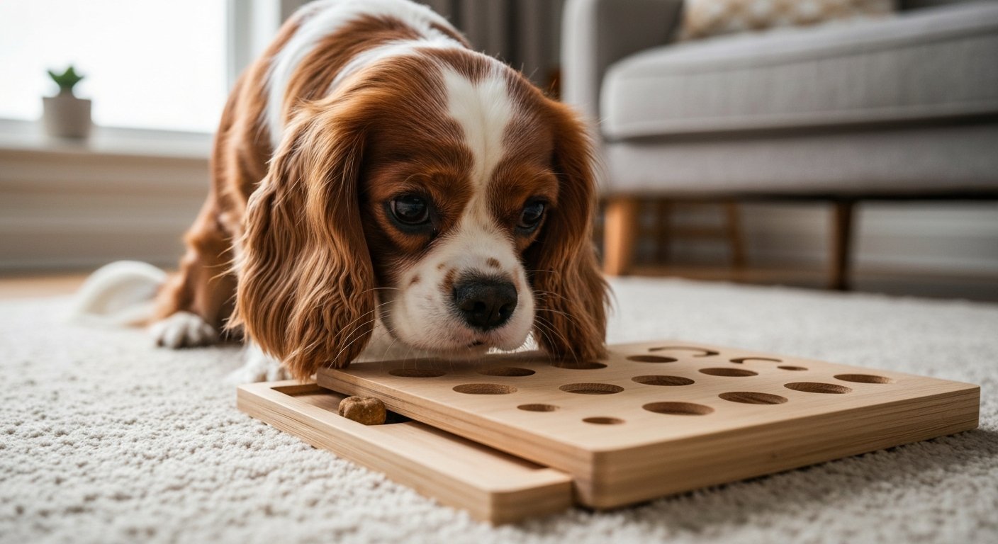 A Cavalier King Charles Spaniel playing with an interactive food puzzle on a light-colored rug.