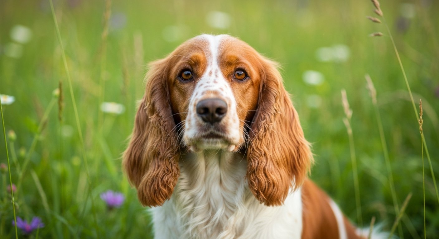 A Cavalier King Charles Spaniel dog looking attentively at a bowl of fresh dog food