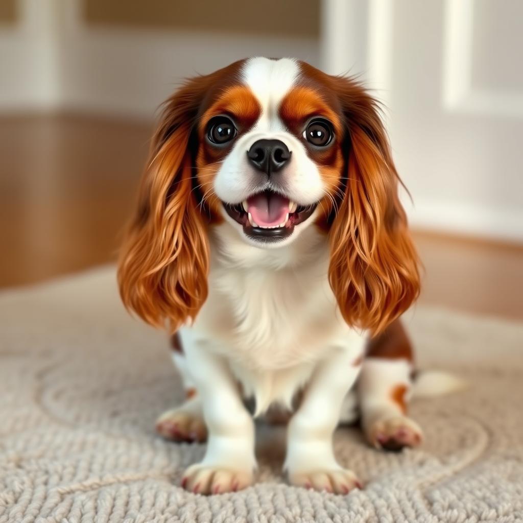 A happy Cavalier King Charles Spaniel dog with a distinctive tan and white coat, looking directly at the camera with a gentle expression.