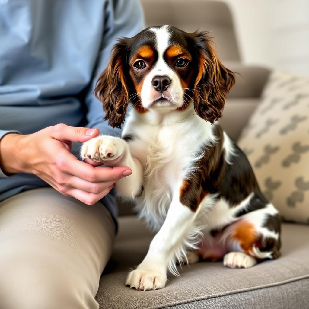 A Cavalier King Charles Spaniel nudging its owner's hand for affection while the owner relaxes on a couch.