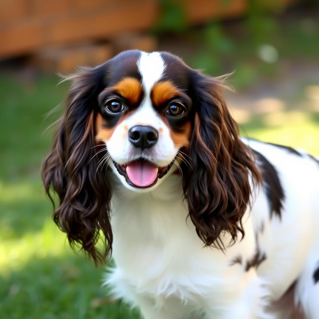 A beautiful Cavalier King Charles Spaniel with expressive dark eyes and a feathery tail, sitting on a clean, natural outdoor background.