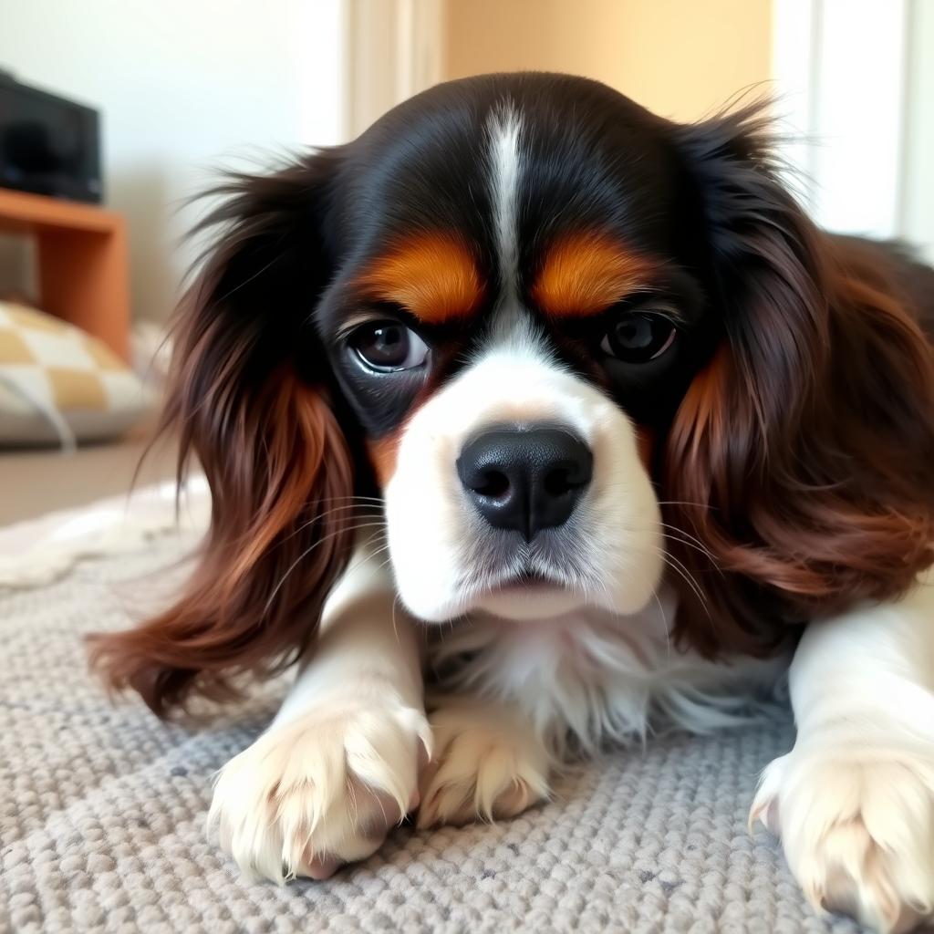 A Cavalier King Charles Spaniel lying down with its head on its paws, appearing less active than usual, in a home environment.