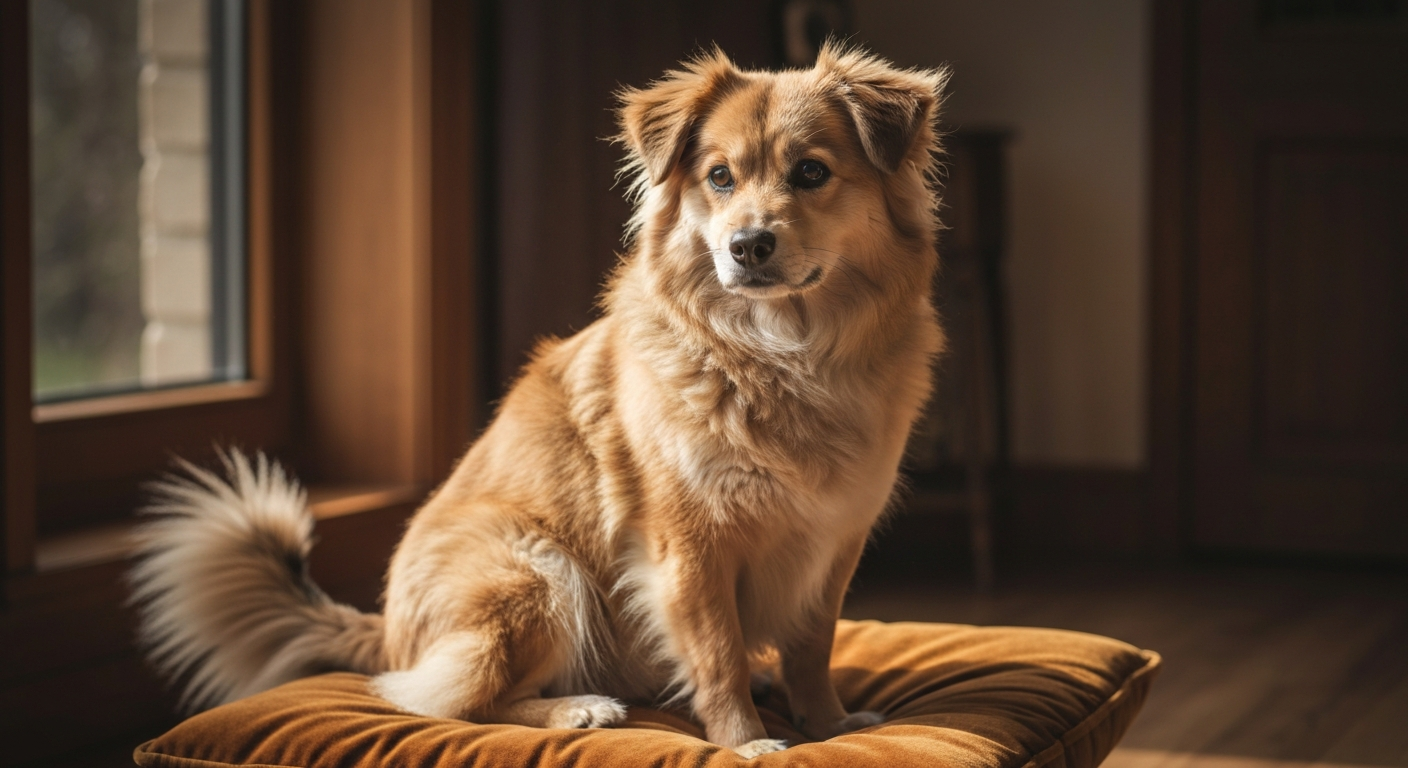 A beautiful long-haired Chihuahua with a fawn and white coat sits proudly on a dark green velvet pillow, looking directly at the camera with an intelligent expression.