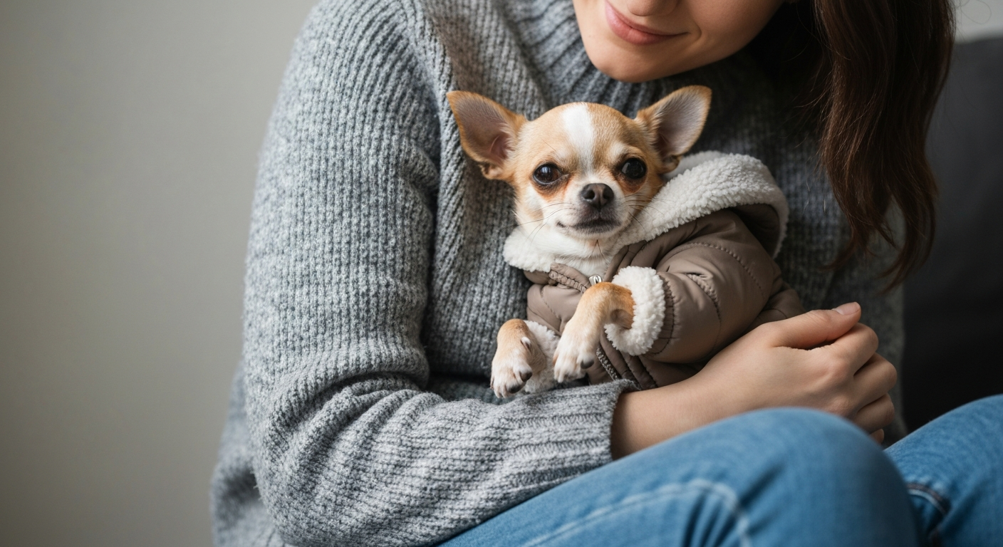 A small, light-brown Chihuahua peeking out from the collar of a person's warm winter coat, looking safe and content.