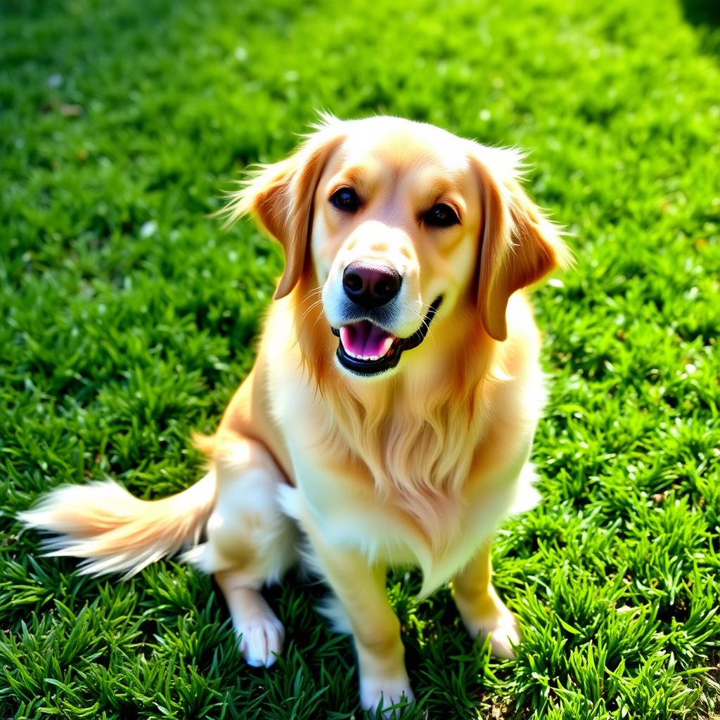 A healthy Golden Retriever sitting on a green lawn.