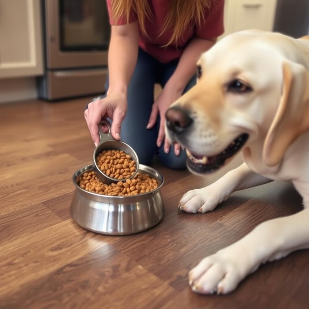 A person measuring dog kibble into a bowl for a Labrador Retriever.