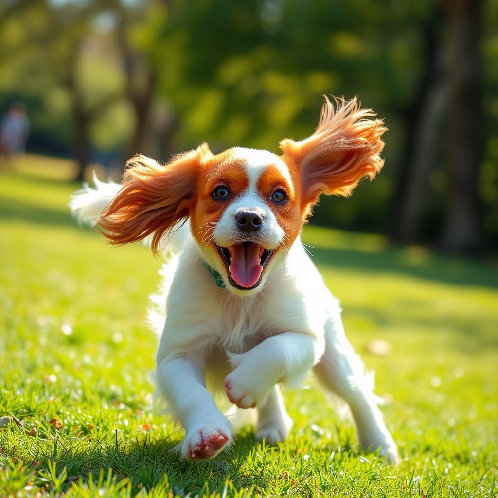 A lively American Cocker Spaniel with expressive eyes and feathered ears, caught mid-play in a bright, green park.