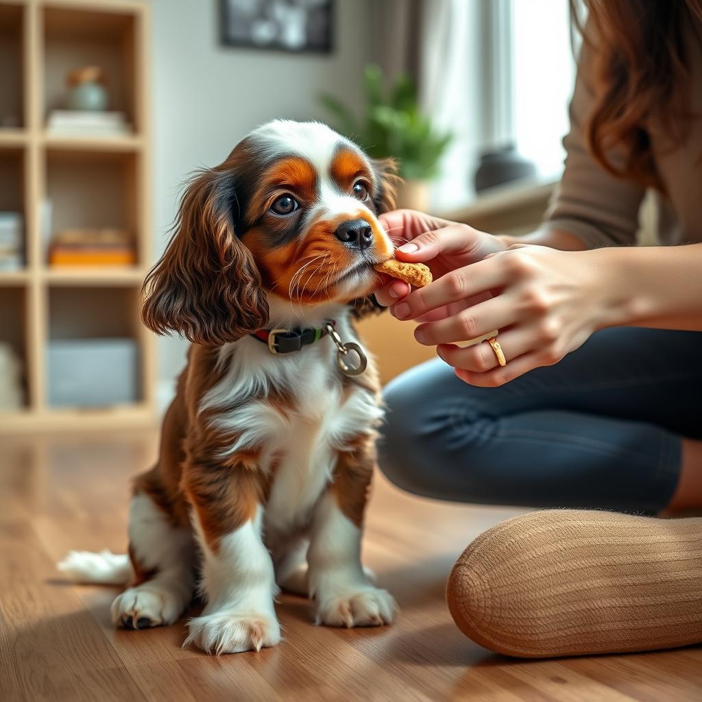 A person holding a small treat and reaching towards a curious Cocker Spaniel puppy, encouraging it to sit.