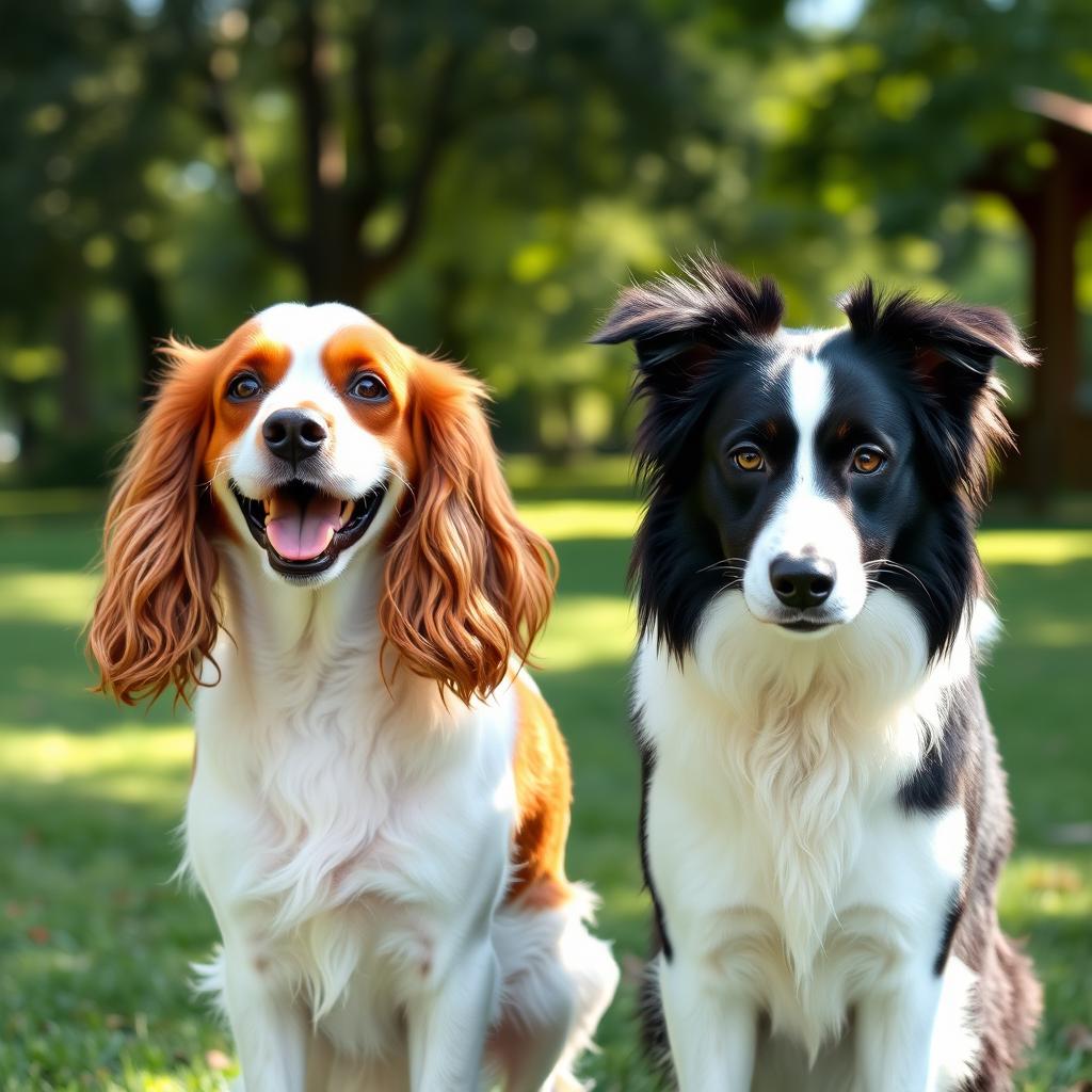 An American Cocker Spaniel with auburn and white fur stands next to a black and white Border Collie in a park.