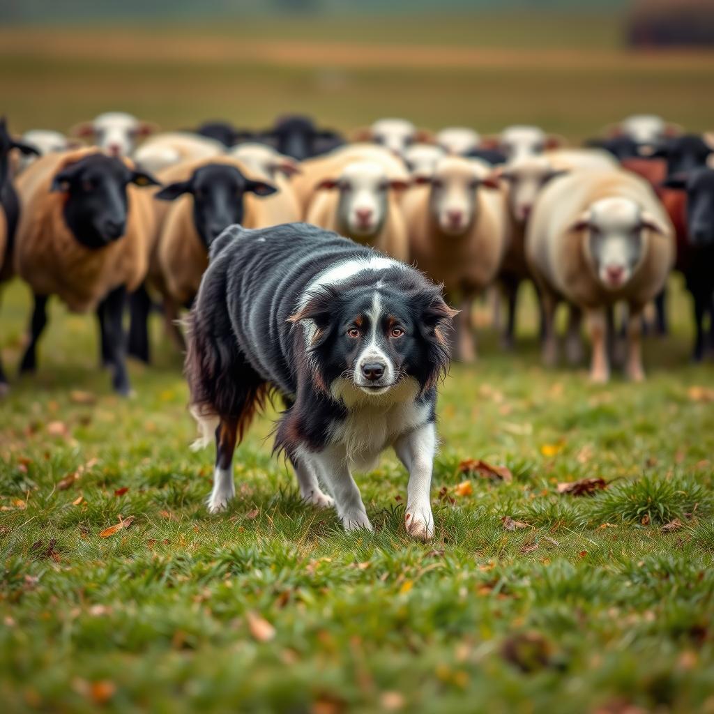 A Border Collie herding sheep in a grassy field.