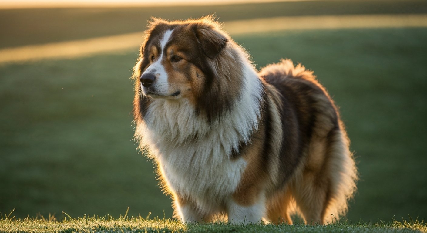 A beautiful Rough Collie with a long sable and white coat stands on a grassy knoll as the sun rises, casting a warm glow.