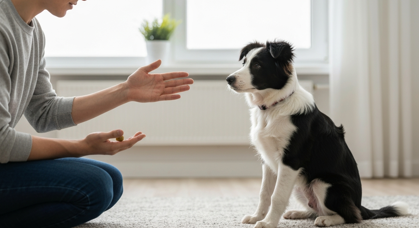 A Border Collie puppy sits attentively on a rug, looking at a person's open hand signal for the "stay" command.