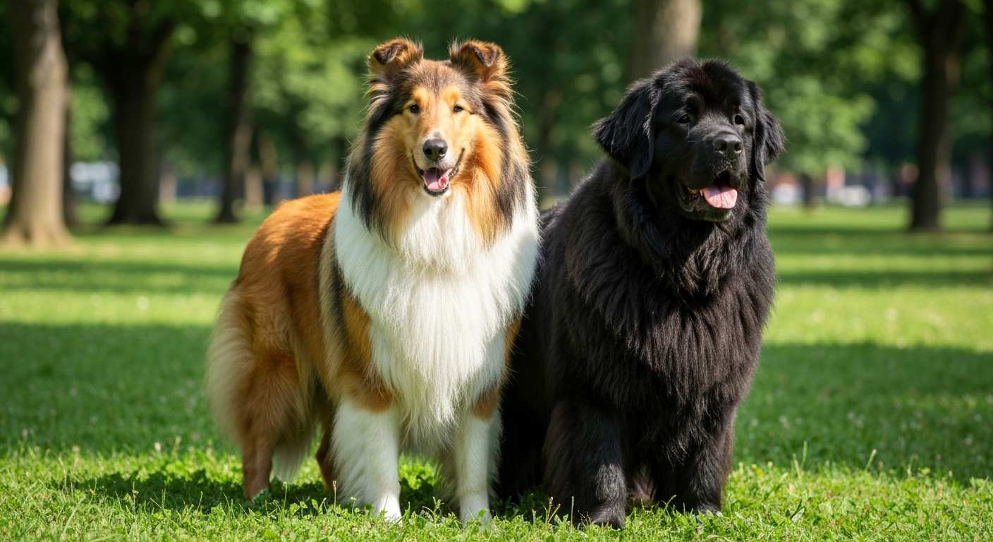 A Rough Collie with its long sable and white coat stands next to a massive, muscular black Newfoundland dog in a lush green park on a sunny day.