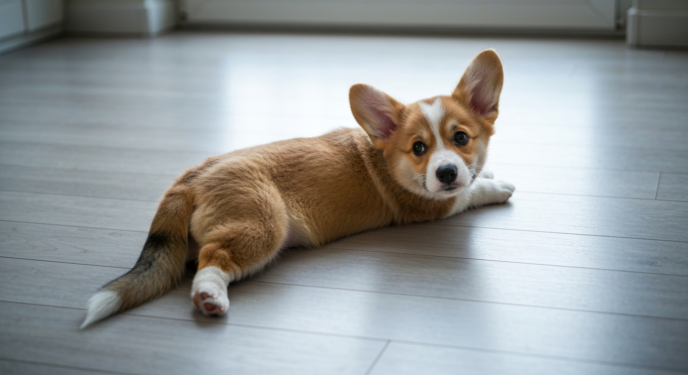 A top-down view of a Pembroke Welsh Corgi puppy doing a 'sploot' on a wooden floor.